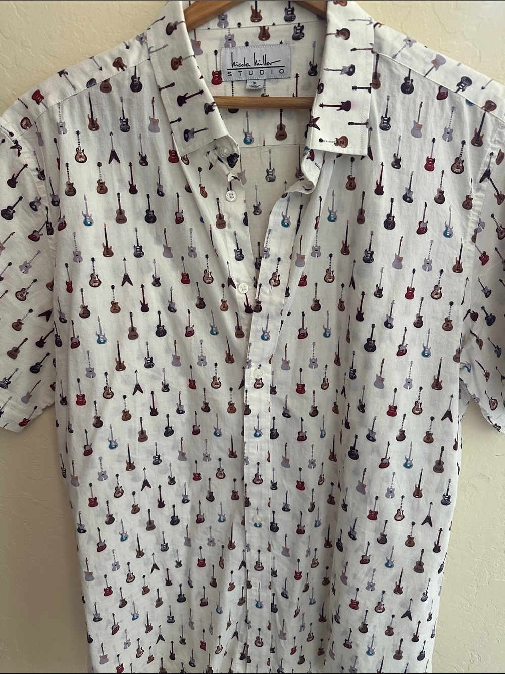 Nicolo Miller Studio Men’s White Short-Sleeve Guitar Print Button-Down Shirt